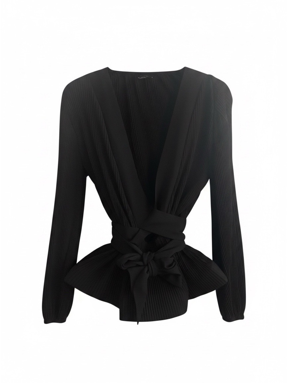Black Wrap Peplum Blouse with Tie-Waist Detail